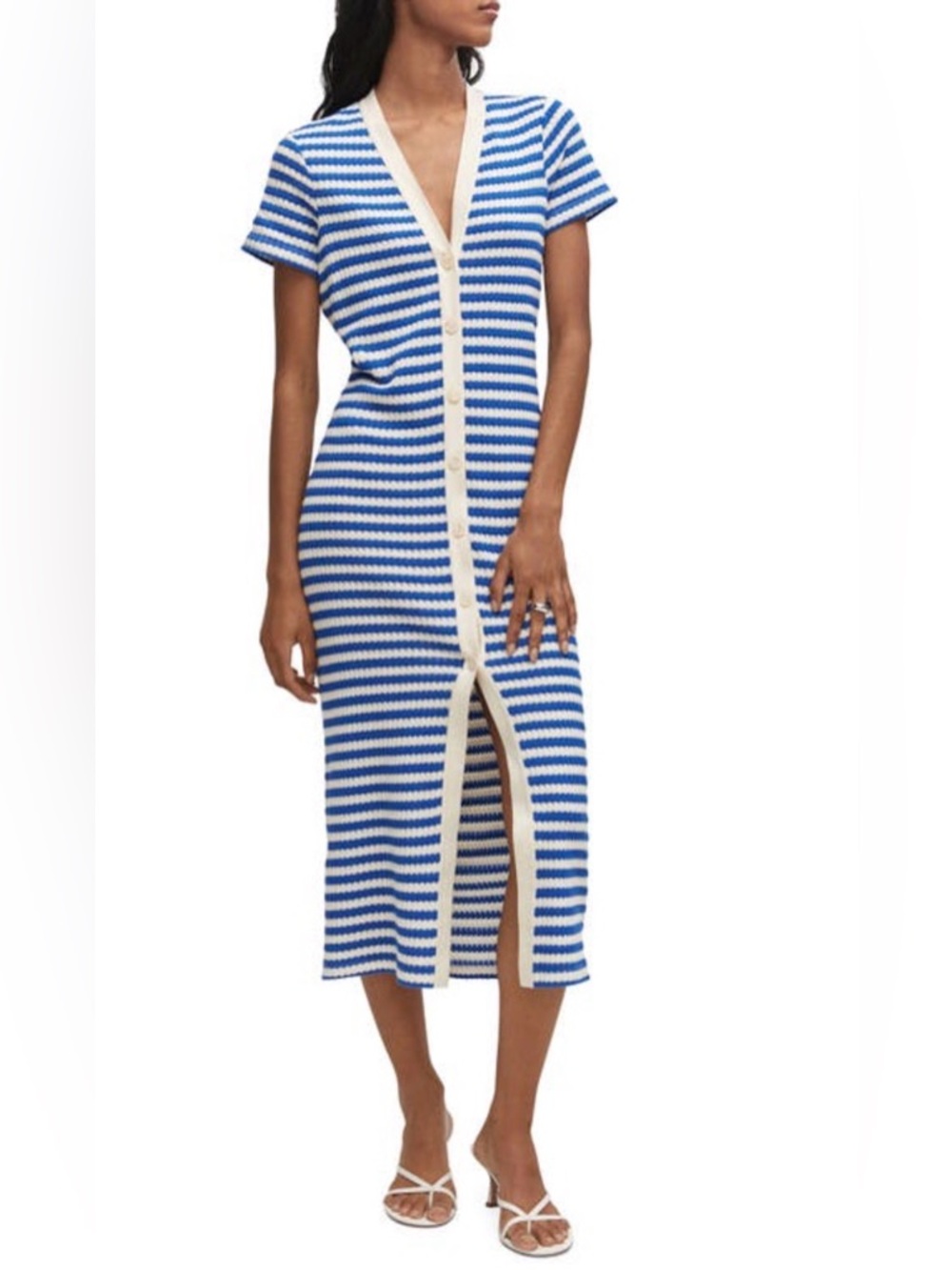 MANGO MNG Nautical Chic Striped Button-Front Knit Maxi Dress - Size 4